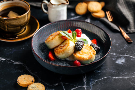 Syrniki with cream and fresh berries dessertの写真素材