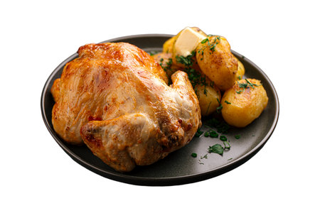 Isolated roasted chicken with potatoesの写真素材