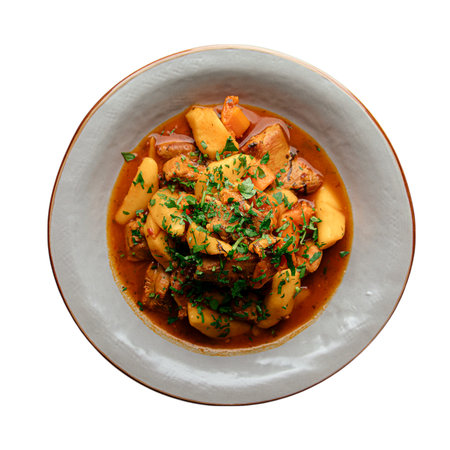 Isolated hearty meat stew with vegetables bowlの写真素材