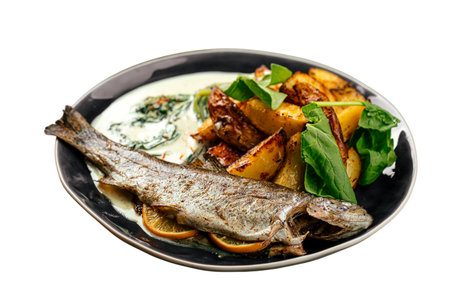 Baked whole trout with potatoes and creamy sauceの写真素材