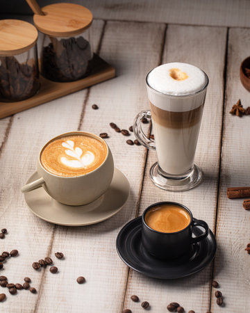 Assorted coffee drinks with foam and espresso