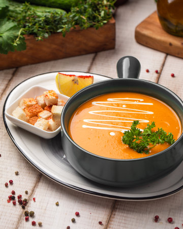 Creamy pumpkin soup with croutons garnishの写真素材