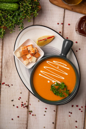 Creamy pumpkin soup with fresh garnishの写真素材