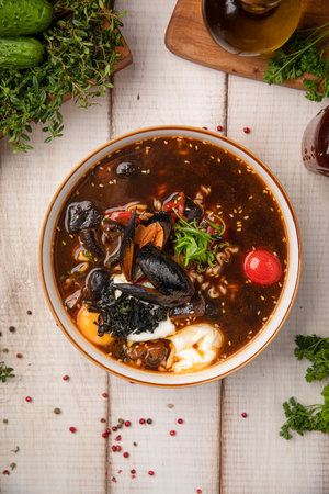 Korean ramen soup with egg vegetables seafoodの写真素材