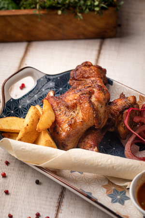 Grilled chicken wings with sauces plateの写真素材