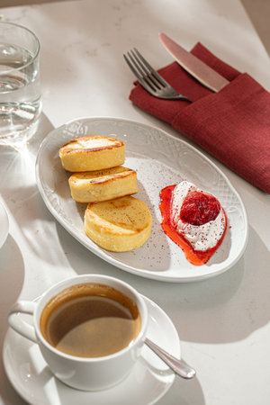 Syrniki with berry sauce and sour cream