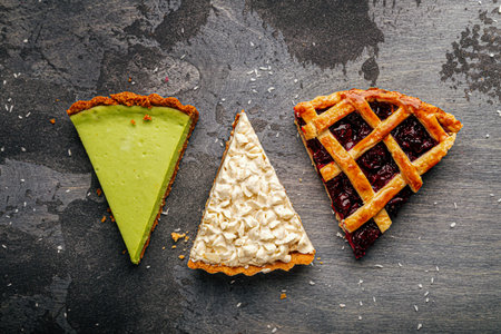 Three assorted pie slices on dark backgroundの写真素材