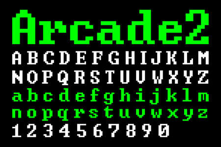 Old school Pixel Arcade Font (Vector Typeface). Flat geometric digital computer game style...