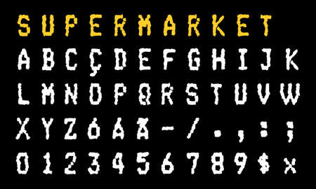 Scratched and Damaged Supermarket / Bank Receipt (Shopping Bill) Font. Pixel (Dot) Style Typography Font (Vector Typeface). Uppercase Alphabet and Numbers.のイラスト素材