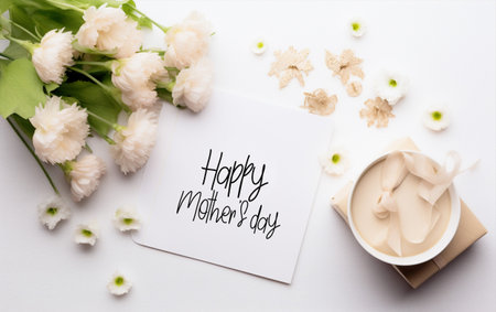 Happy Mother's Day greeting card with white flowers on white background.の素材