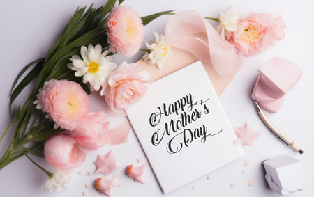top view of card with happy mother's day lettering near bouquet of tulips on whiteの素材