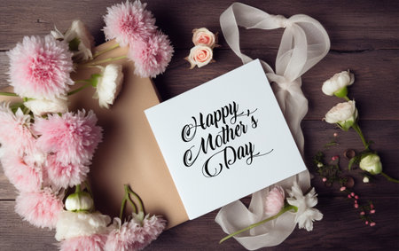 Happy Mother's Day. Greeting card and flowers on wooden backgroundの素材