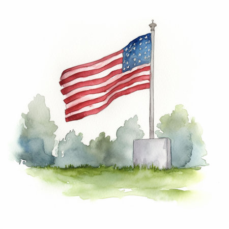American flag waving in the wind. Watercolor illustration on white backgroundの素材