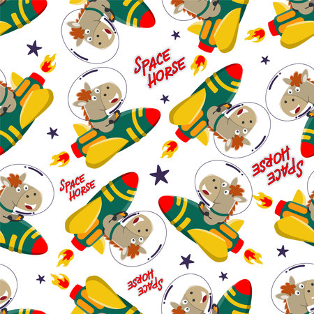 Vector illustration of cute horse astronaut play with his rocket. Animal in outer space. Creative vector childish background for fabric textile, nursery wallpaper, poster, and other decoration.のイラスト素材