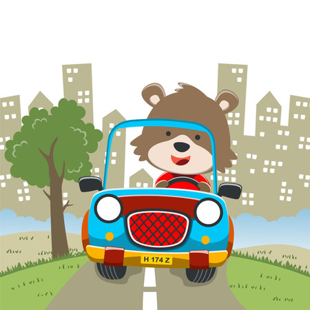 Vector illustration of cute little fox on a off road car go to forest, Can be used for t-shirt print, kids wear, invitation card. fabric, textile, nursery wallpaper, poster and other decoration.のイラスト素材
