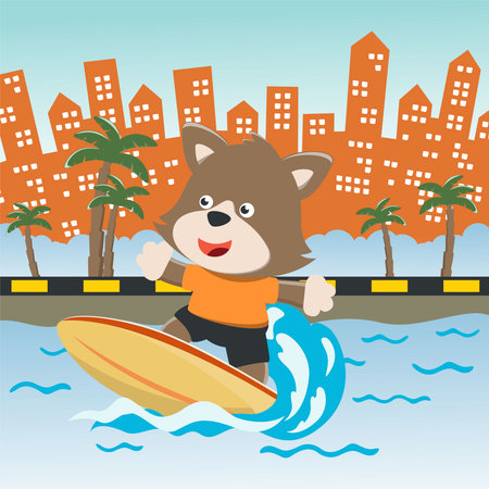 Surfing time with cute little fox at summer. Can be used for t-shirt printing, children wear fashion designs, baby shower invitation cards and other decoration.のイラスト素材