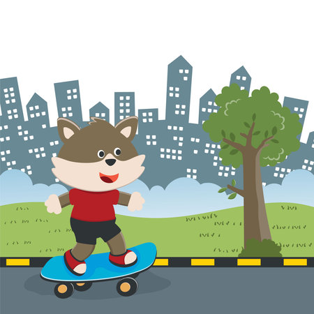 Cute cartoon character fox skater. Vector print with cute bear on a skateboard. Can be used for t-shirt print, kids wear fashion design, fabric textile, nursery wallpaper and other decoration.のイラスト素材