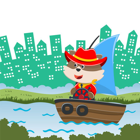 Vector cartoon illustration of cute fox sailing on sailboat with cartoon style. Can be used for t-shirt print, kids wear fashion design, fabric textile, nursery wallpaper and poster.のイラスト素材