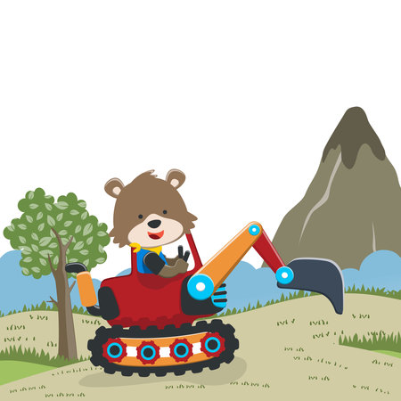 Vector illustration of cute fox riding contruction vehicle with cartoon style. Can be used for t-shirt print, kids wear, invitation card. fabric, textile, nursery wallpaper and other decoration.のイラスト素材