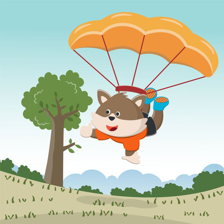 Vector illustration of a cute little fox flying with a parachute. with cartoon style. Creative vector childish background for fabric textile, nursery wallpaper, poster, card, vector illustrationのイラスト素材
