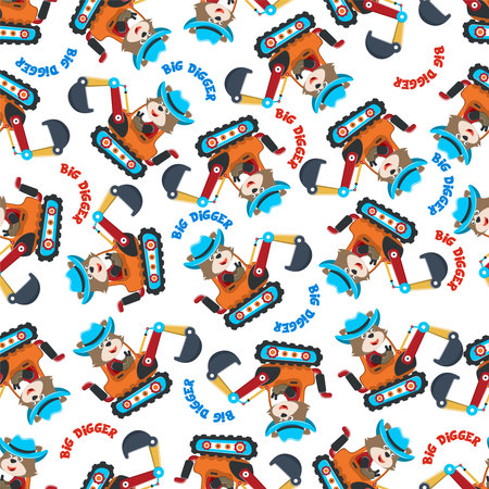 Seamless pattern of Cute little fox on excavator. Can be used for t-shirt print, kids wear fashion design, print for t-shirts, baby clothes, poster. and other decoration.のイラスト素材