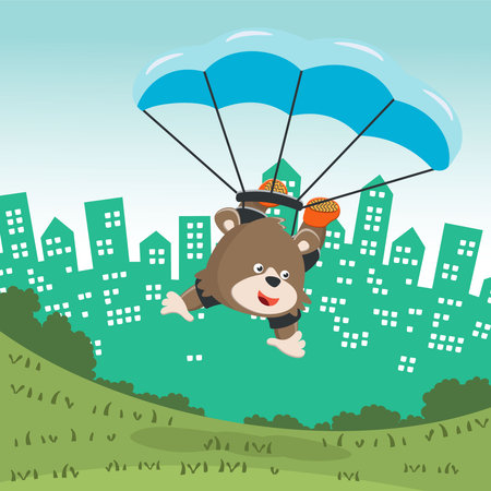 Vector illustration of a cute little fox flying with a parachute. with cartoon style. Creative vector childish background for fabric textile, nursery wallpaper, poster, card, vector illustrationのイラスト素材