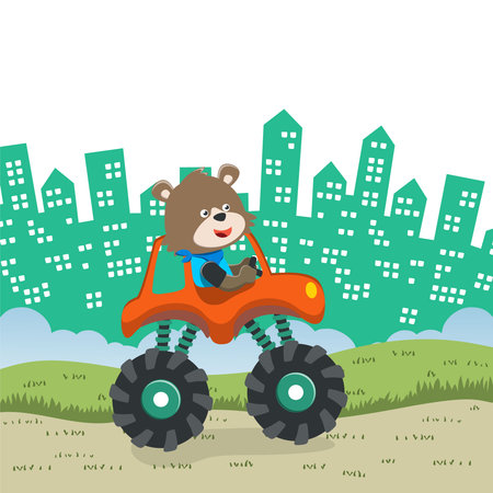 Vector illustration of monster truck with funny animal driver. Can be used for t-shirt print, kids wear fashion design, invitation card. fabric, textile, nursery wallpaper, poster and other decorationのイラスト素材