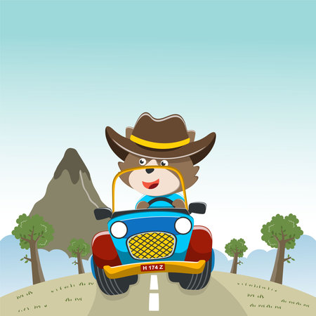 Vector illustration of cute little fox on a off road car go to forest, Can be used for t-shirt print, kids wear, invitation card. fabric, textile, nursery wallpaper, poster and other decoration.のイラスト素材