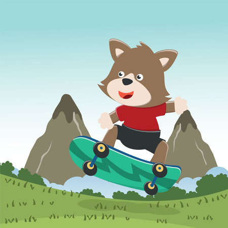 Cute cartoon character fox skater. Vector print with cute bear on a skateboard. Can be used for t-shirt print, kids wear fashion design, fabric textile, nursery wallpaper and other decoration.のイラスト素材