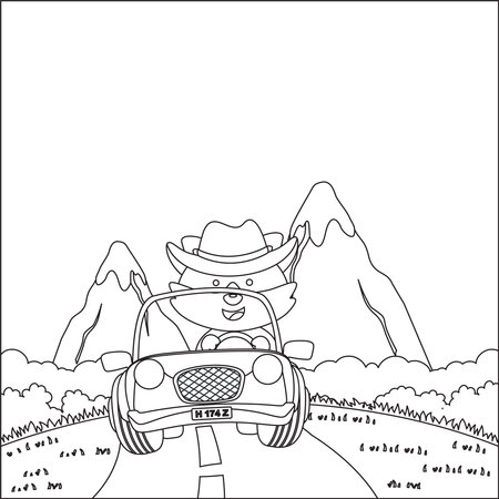 Cute little fox cartoon having fun driving off road car on sunny day. Cartoon isolated vector illustration, Creative vector Childish design for kids activity colouring book or page.のイラスト素材