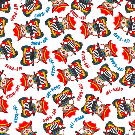 Seamless pattern vector of Cute fox cartoon having fun driving off road car go to forest. Creative vector childish background for fabric textile, nursery wallpaper, poster. and other decoration.のイラスト素材