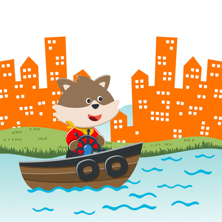Vector cartoon illustration of cute monkey sailing on sailboat with cartoon style. Can be used for t-shirt print, kids wear fashion design, fabric textile, nursery wallpaper and poster.のイラスト素材