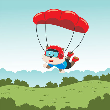 Vector illustration of a cute little fox flying with a parachute. with cartoon style. Creative vector childish background for fabric textile, nursery wallpaper, poster, card, vector illustrationのイラスト素材