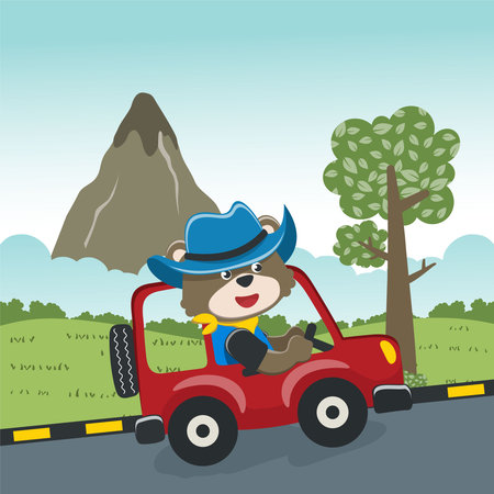 Cute tiger driving a car go to forest funny animal cartoon. Creative vector childish background for fabric, textile, nursery wallpaper, poster, card, brochure. and other decoration.のイラスト素材