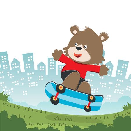 Cute cartoon character fox skater. Vector print with cute bear on a skateboard. Can be used for t-shirt print, kids wear fashion design, fabric textile, nursery wallpaper and other decoration.のイラスト素材