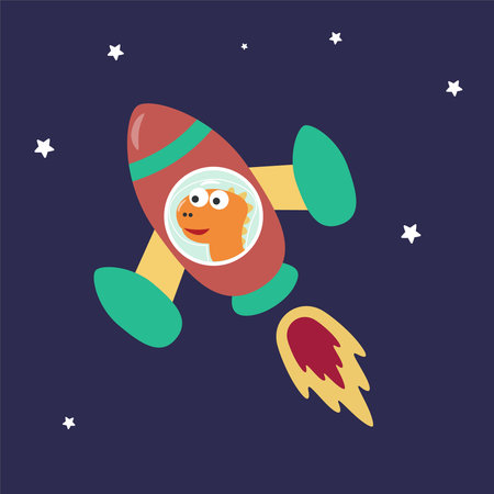 Dino play with his rocket. Dinosaur in outer space. Vector hand-drawn color children's illustration background for fabric, textile, nursery wallpaper, poster, card, brochure. and other decoration.のイラスト素材