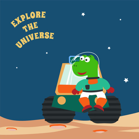 Dino and his Rover  exploring the red planet. Mission to search for traces of life. Creative vector childish background for fabric, textile, nursery wallpaper, poster, brochure. and other decoration.のイラスト素材