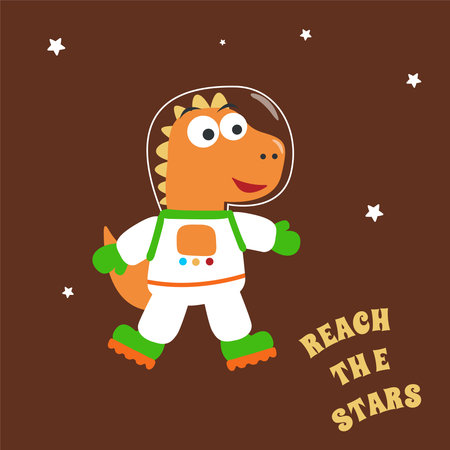 Funny dinosaur in space.Dinosaur in outer space. Vector hand-drawn color children's illustration background for fabric, textile, nursery wallpaper, poster, card, brochure. and other decoration.のイラスト素材