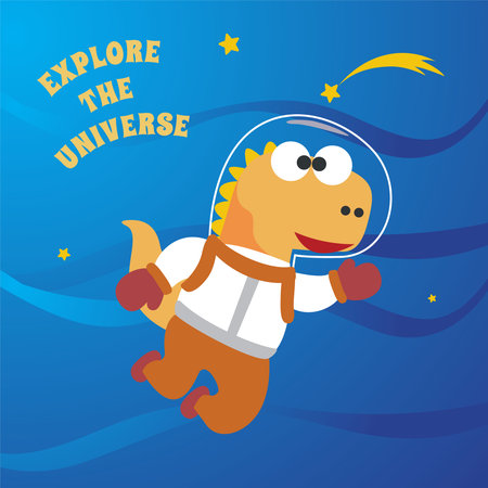 Funny dinosaur in space.Dinosaur in outer space. Vector hand-drawn color children's illustration background for fabric, textile, nursery wallpaper, poster, card, brochure. and other decoration.のイラスト素材