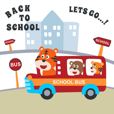 School bus cartoon. Cute animal in school bus. Creative vector childish background for fabric, textile, nursery wallpaper, poster, card, brochure. and other decoration.のイラスト素材