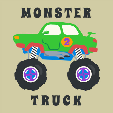 Vector illustration of monster truck with cartoon style. Can be used for t-shirt print, kids wear fashion design, invitation card. fabric, textile, nursery wallpaper, poster and other decoration.のイラスト素材