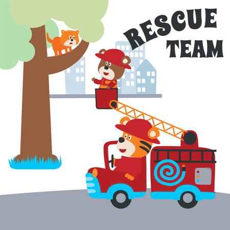 Fire rescue car with funny firefighter, vector cartoon, Cartoon, vector illustration, Creative vector childish background for fabric, textile, nursery wallpaper, card, poster and other decorationのイラスト素材
