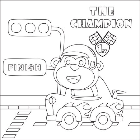 Little monkey racer. Fire rescue team with funny firefighter, vector cartoon, Cartoon isolated vector illustration, Creative vector Childish design for kids activity colouring book or page.のイラスト素材