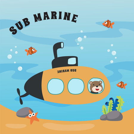 Diving with funny bear driving submarine. Creative vector childish background for fabric, textile, nursery wallpaper, poster, card, brochure. vector illustration background.のイラスト素材