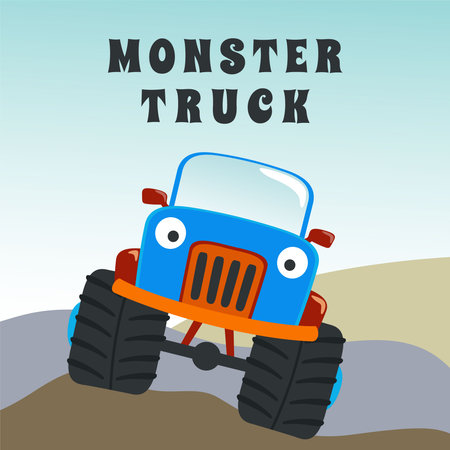 Vector illustration of monster truck with cartoon style. Can be used for t-shirt print, kids wear fashion design, invitation card. fabric, textile, nursery wallpaper, poster and other decoration.のイラスト素材