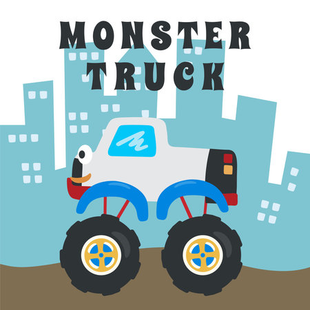 Vector illustration of monster truck with cartoon style. Can be used for t-shirt print, kids wear fashion design, invitation card. fabric, textile, nursery wallpaper, poster and other decoration.のイラスト素材
