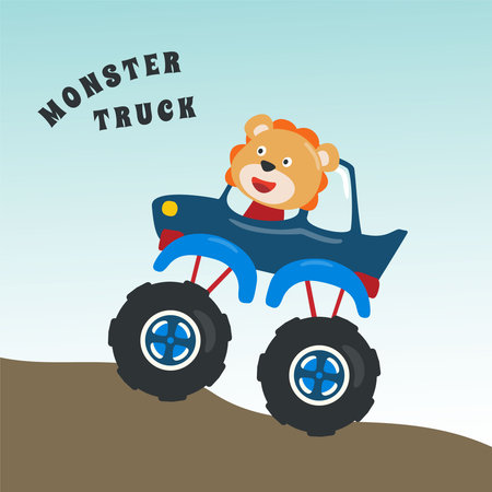 Vector illustration of monster truck with animal driver. Can be used for t-shirt print, kids wear fashion design, invitation card. fabric, textile, nursery wallpaper, poster and other decoration.のイラスト素材