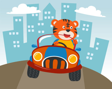 Cute tiger cartoon having fun driving a city car on sunny day. Vector childish background for fabric textile, nursery wallpaper, card, poster and other decoration. Vector illustration.のイラスト素材