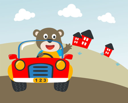 Cute bear cartoon having fun driving a city car on sunny day. Vector childish background for fabric textile, nursery wallpaper, card, poster and other decoration. Vector illustration.のイラスト素材