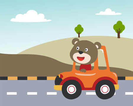 Vector cartoon of funny bear driving car in the road with village landscape. Can be used for t-shirt printing, children wear fashion designs, baby shower invitation cards and other decoration.のイラスト素材